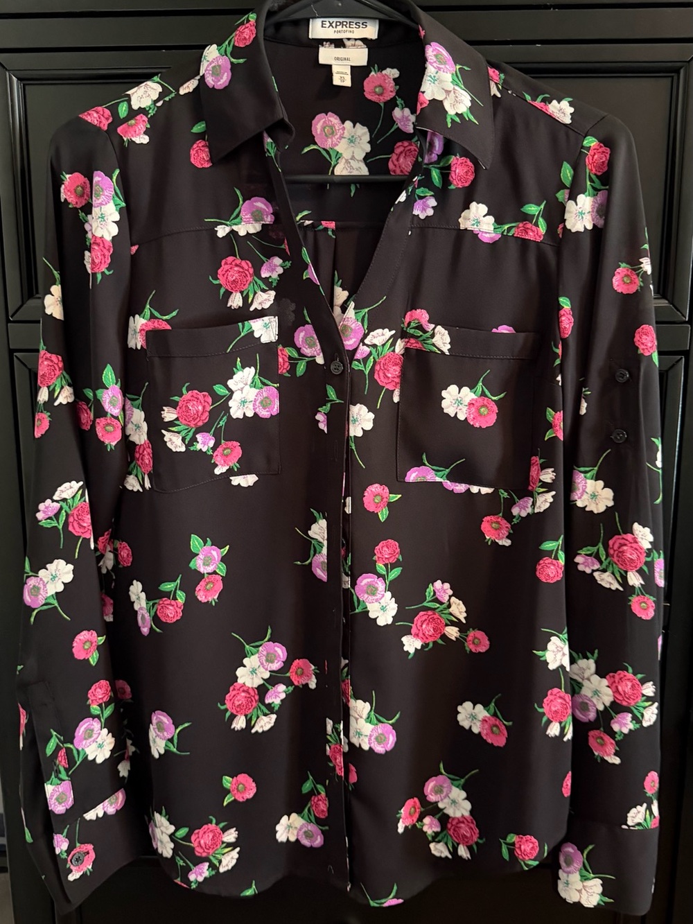 Express Black Floral Button-Down Top — Pink & White Blooms